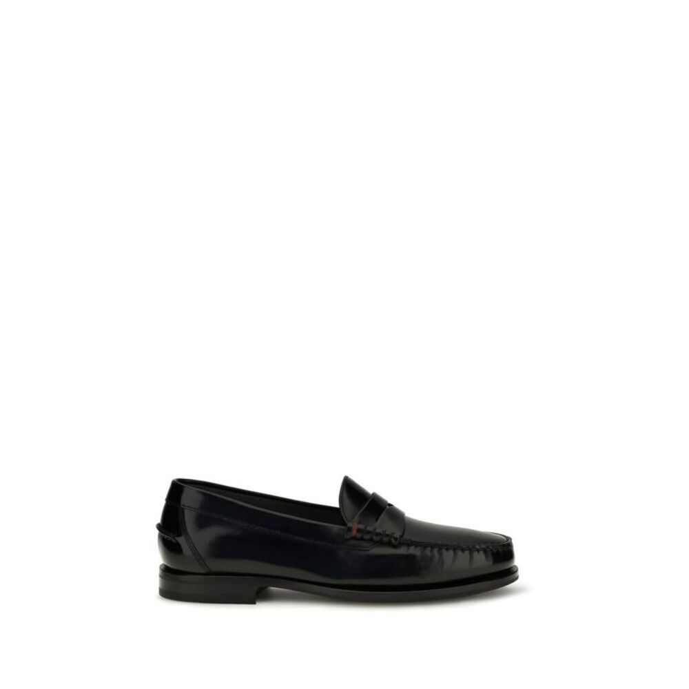 Santoni Black Calf Leather Bos Taurus Slip-On Men's Loafers